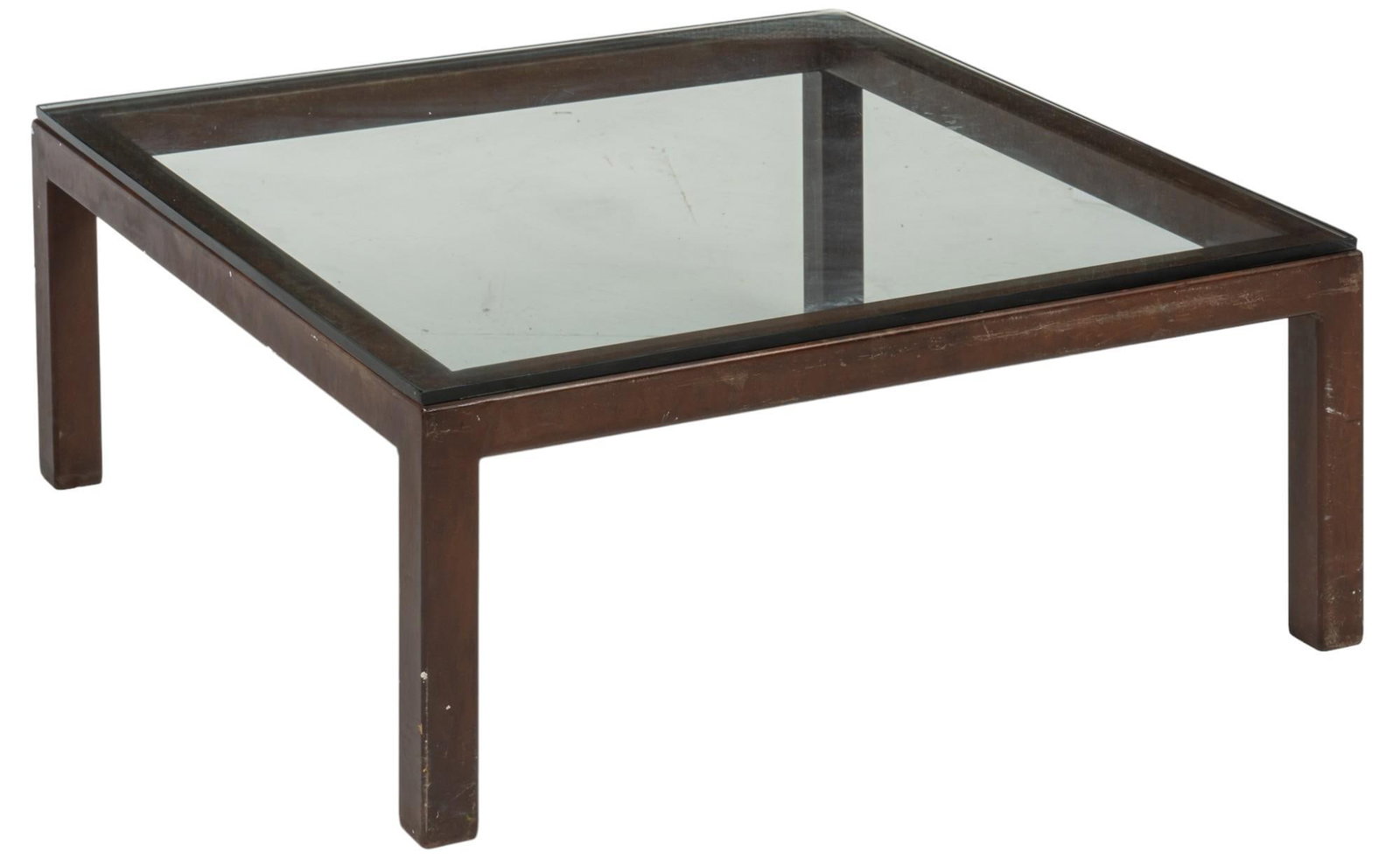 Glass and Steel Coffee Table: Glass top coffee table on steel frame and legs height 15 in. x width 36 in. x depth 36 in. Shipping available for this lot through our partner 4CL; please request a shipping quote at shipping@vogt