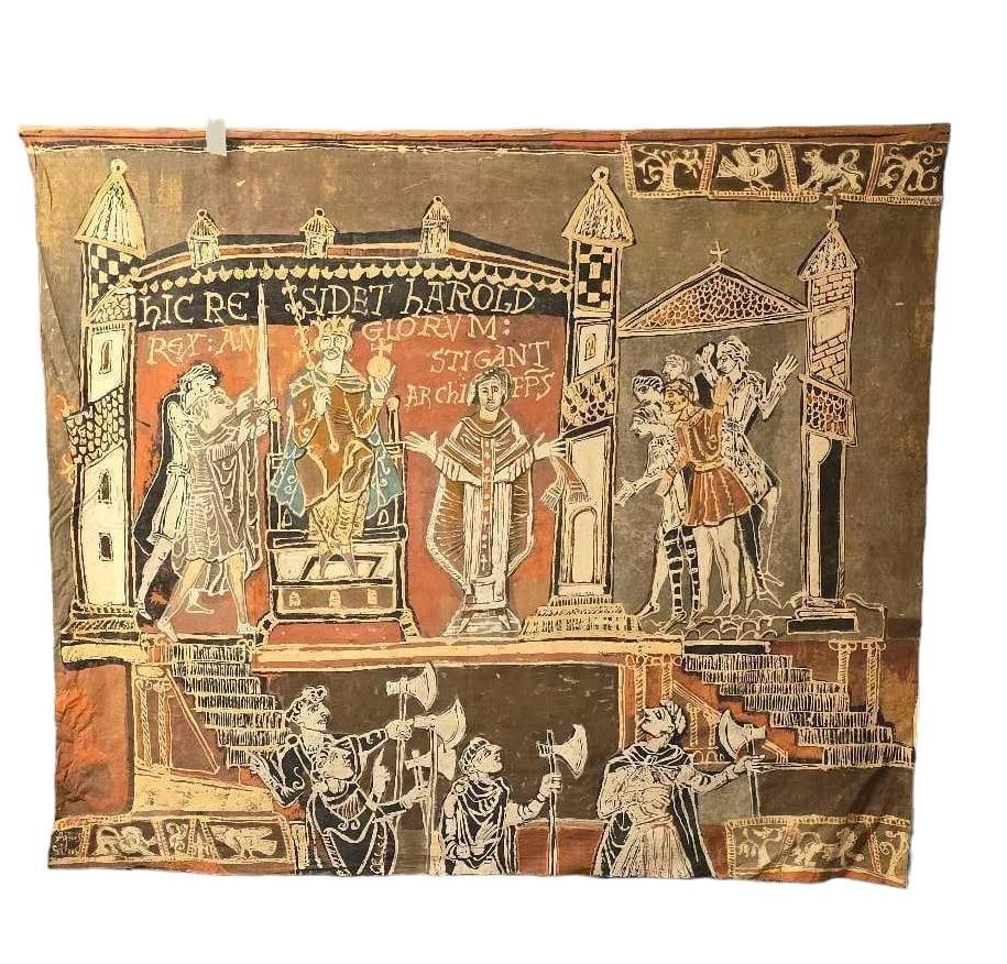 Agnes Sims, Batik "Bayeux Tapestry" Scene: Agnes C. Sims (New Mexico, 1910-1990), scene from the Bayeux Tapestry, batik and applied paint to textile hung on rod approximate size: 64 x 74 in. Shipping available for this lot through our partne