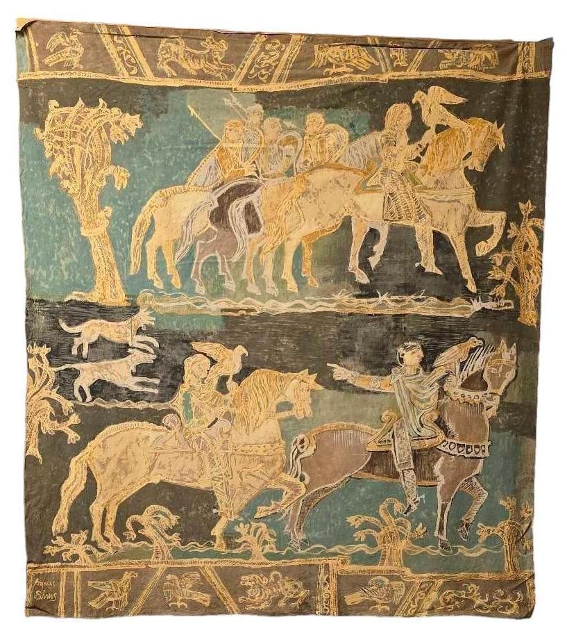 Agnes Sims, Batik Medieval Scene: Agnes C. Sims (New Mexico, 1910-1990), medieval scene, batik textile hung on rod Shipping available for this lot through our partner 4CL; please request a shipping quote at shipping@vogtauction.c