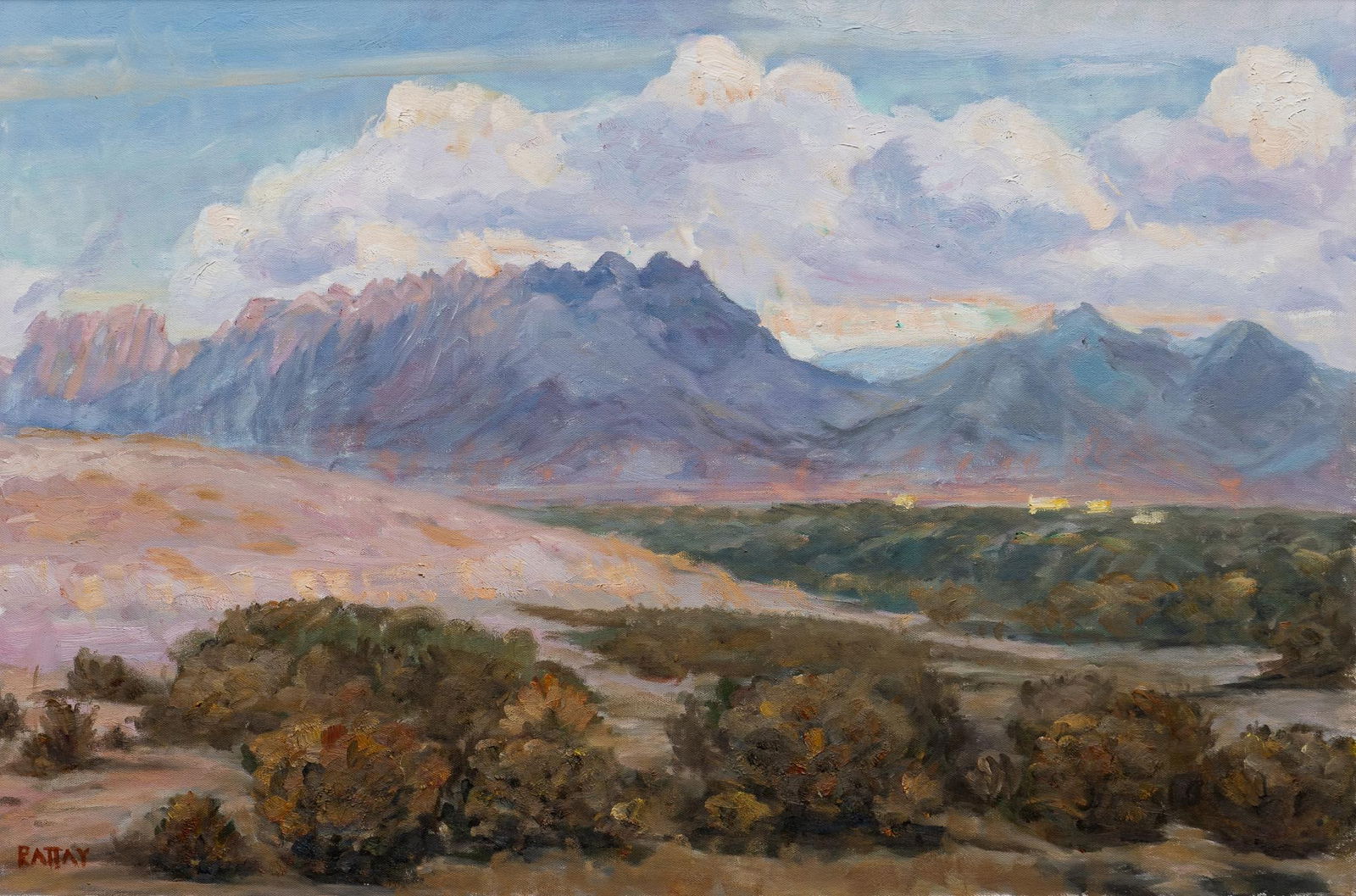 Bohuslav Rattay, "Organ Mountains": Bohuslav Rattay (El Paso, Texas), "Organ Mountains", oil on canvas sight: 24 x 36 in. Shipping available for this lot through our partner 4CL; please request a shipping quote at shipping@