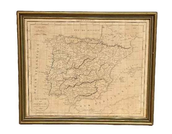 1836 Map of Spain and Portugal: Antique map of Spain and Portugal dated 1836, engraved and hand-colored French map of Spain and Portugal frame: 29.5 x 41 in. Shipping available for this lot through our partner 4CL; please request a 