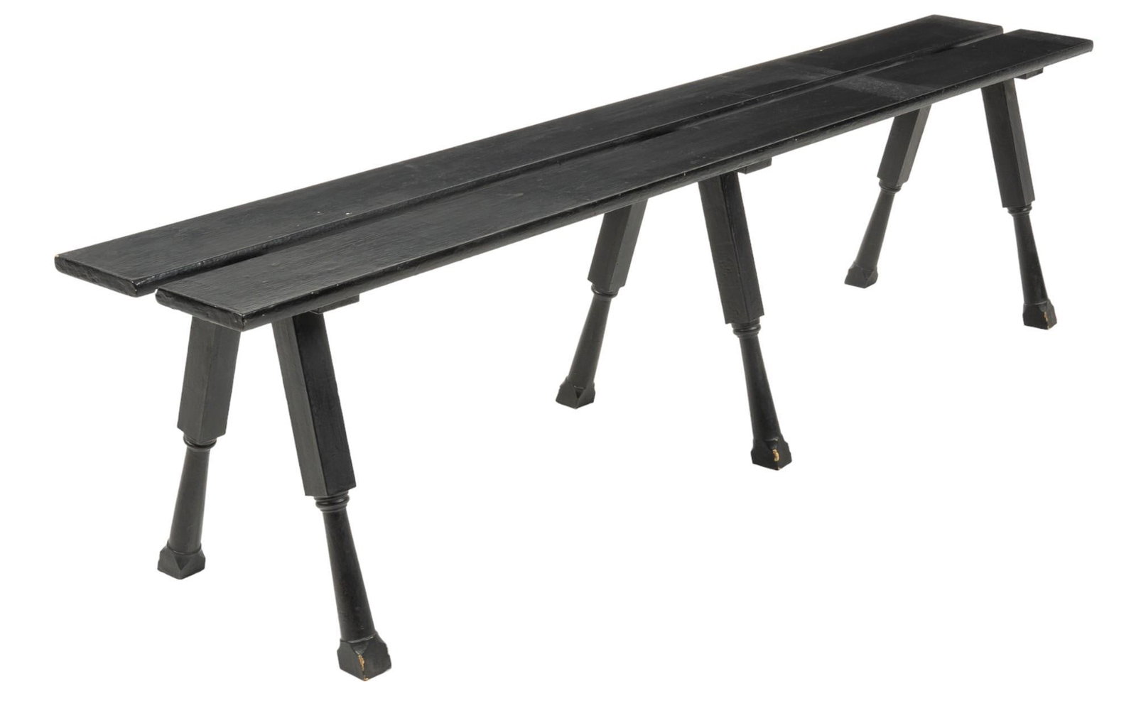 Black Wood Table: Black wood table featuring two wood planks on carved stretched legs height 18 in. x width 73 in. x depth 12 in. Shipping available for this lot through our partner 4CL; please request a shipping quote