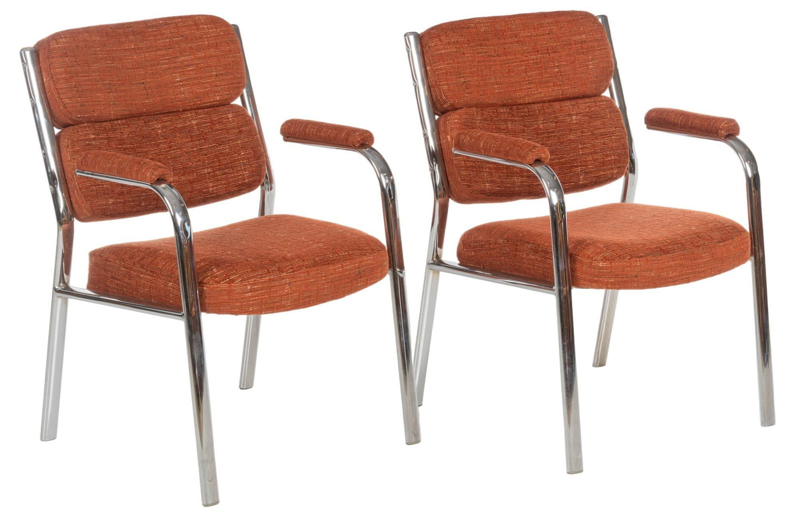 Pair of Mid-Century Chrome-Finished Chairs: Pair of Mid-Century chairs, with red fabric upholstery, supported chrome-finished frame height 34 in. x width 24 in. x depth 23 in. Provenance: An Olmos