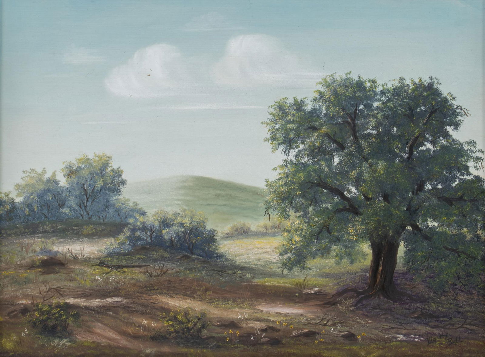 Blanche Ball, Bluebonnet Field: Blanche Ball, blue bonnet field, oil on masonite, San Antonio artist was known for exhibiting landscape paintings in local galleries in the 1970s. image: 12 x 16 in. frame: 18.5 x 23 Provenance: A S