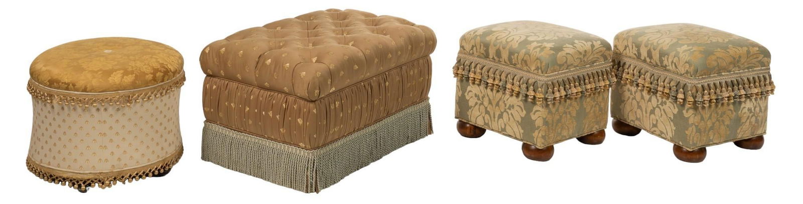 Set of (4) Small Ottomans: Set of four small ottomans, tufted details and floral fabric on all. three rectangular, one circular height 19 in. x width 32 in. x depth 22 in. Shipping available for this lot through our partner 4