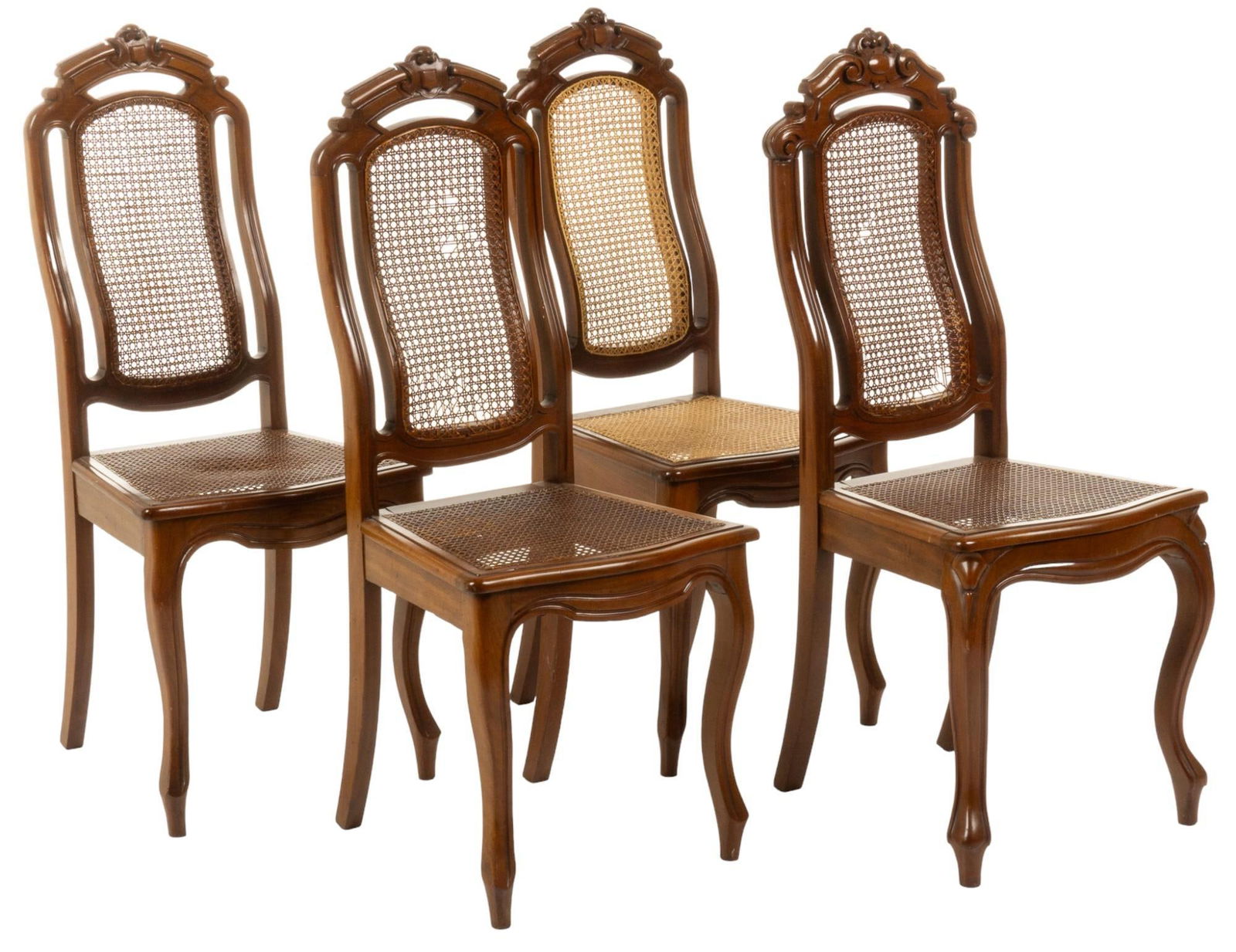 (4) Vintage Caned Chairs: Set of four vintage caned chairs, with carved crests, serpentine back, supported on cabriole legs height 41.5 in. x width 18 in. x depth 17 in. / each Condition: Some breakage to two back rests Pr