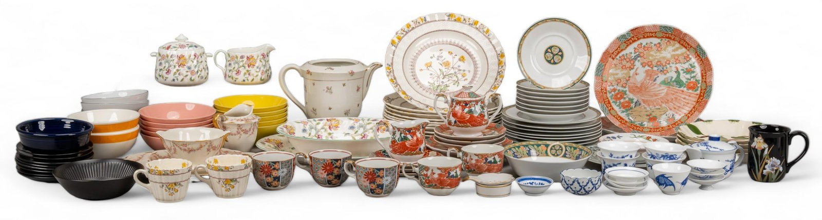 Large Collection of Porcelain: Large collection of porcelain, includes sets of plates, bowls, cups, serving dishes in varying sizes from makers such as Copeland, Otagri Japan, and other made in Japan height 6.5 in. x width 9 in. x 