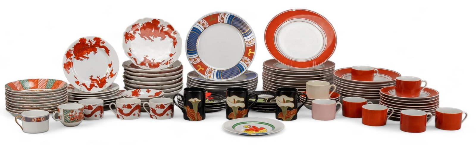 Large Collection of Porcelain: Large collection of porcelain, primarily includes serving pieces from Fritz and Floyd Inc, and several Japanese pieces, patterns include "Calla Lily", "Parrot-In-Ring", and "Nishik