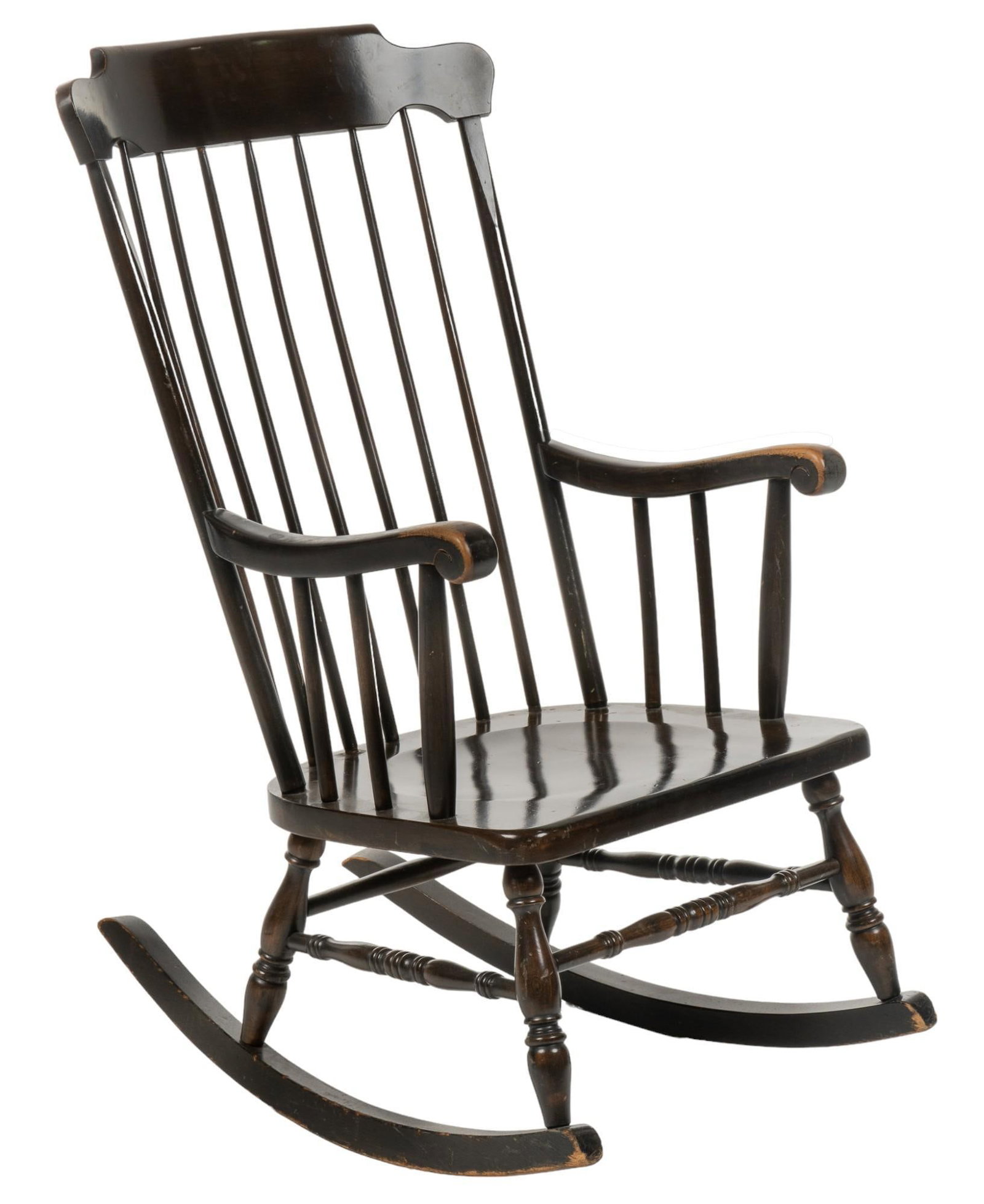 Black Wood Rocking Chair: Black wood rocking chair featuring turned stretchered rockers height 43 in. x width 21 in. x depth 32 in. Provenance: Property from the home of a San Antonio, Texas gentleman Shipping available for th