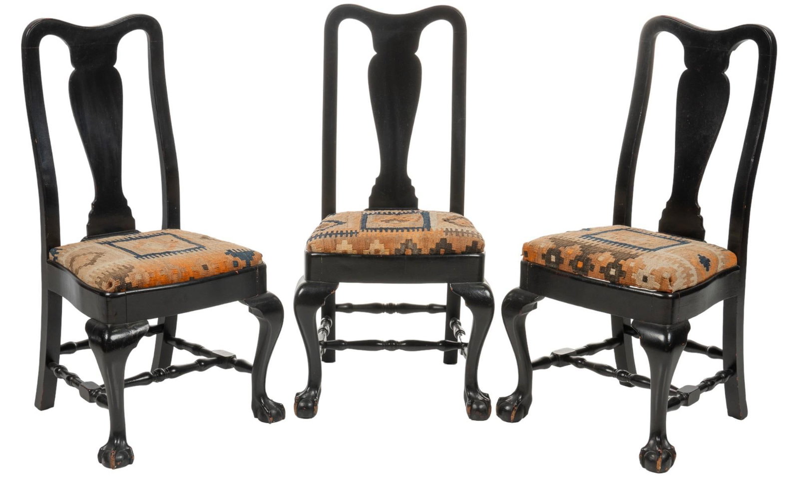 Set of (3) Queen Anne Style Chairs: Set of three Queen Anne style chairs featuring tan upholstery, on turned stretchered legs height 42 in. x width 22 in. x depth 21 in. Provenance: Property from the home of a San Antonio, Texas gentlem