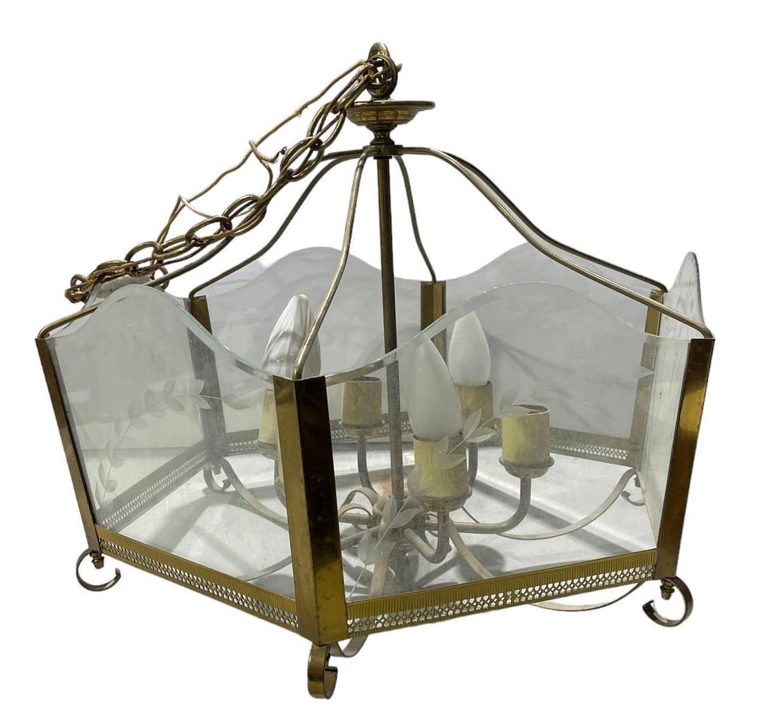 Brass and Glass Chandelier: Brass and glass chandelier, with chain height 18 in. x width 18 in. x depth 18 in. / not including chain length Shipping available for this lot through our partner 4CL; please request a shipping quote