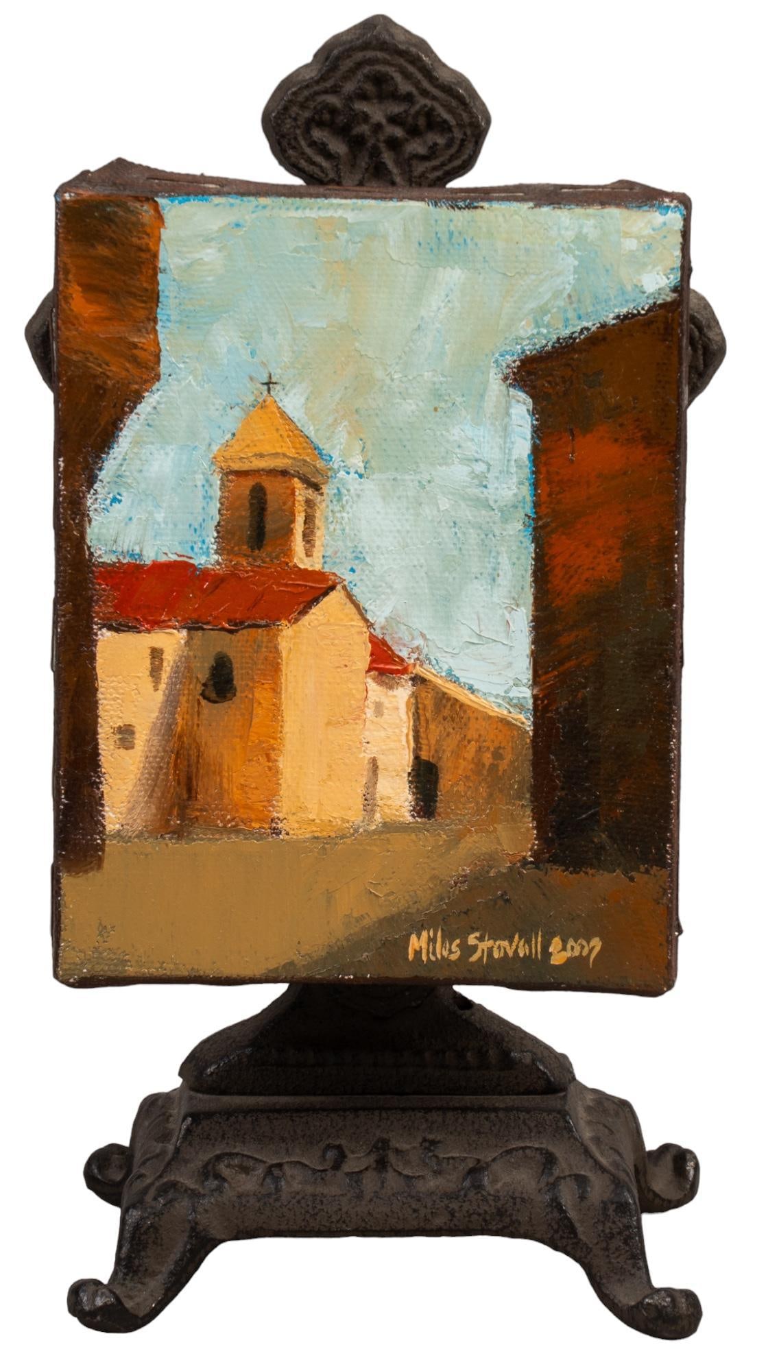 Miles Stovall, Small Church, 2007: Miles Stovall, diminutive village street scene with church, 2007, stretched canvas hanging on iron crucifix (Miss Carr's own decorative choice) height 8.5 in. x width 4.5 in. x depth 3.5 in. Prove