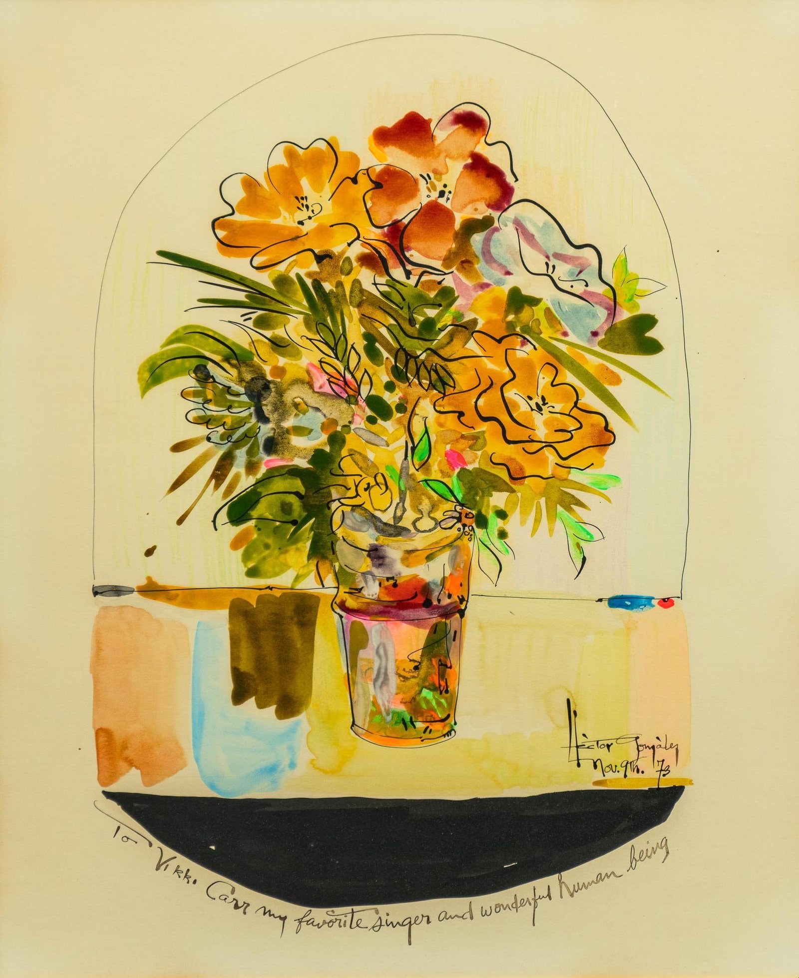 Hector Gonzalez, Bouquet of Flowers, 1973: Hector Gonzalez, still life bouquet of flowers, 1973, mixed media on paper sight: 21 x 17.5 in., frame: 28 x 24.5 in. Provenance: Property from the personal collection of celebrated singer and philant