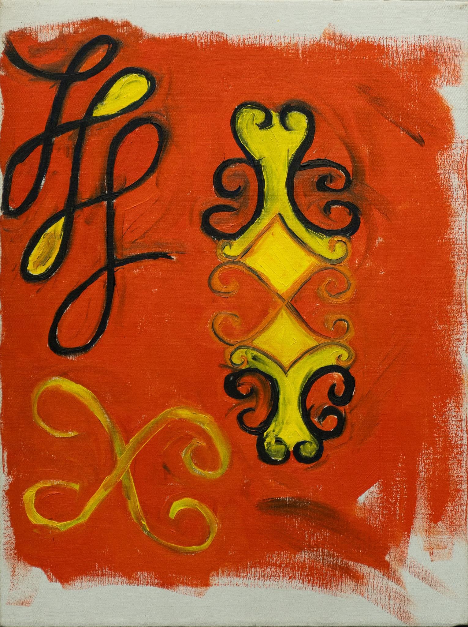 Red and Yellow Oil Painting: Decorative oil painting with flourishes and motifs in red and yellow, oil on canvas, not framed size: 24 x 18 in. Provenance: Property from the personal collection of celebrated singer and philanthrop