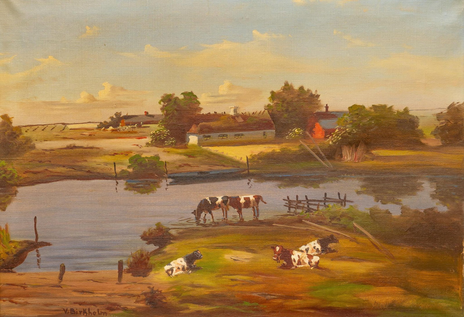 V. Birkholm, Cows Grazing at a Pond: V. Birkholm (1879-1959), landscape scene with cows grazing at a pond, oil on canvas sight: 26.5 x 38.5 in., frame: 31 x 43 in. Shipping available for this lot through our partner 4CL; please request a
