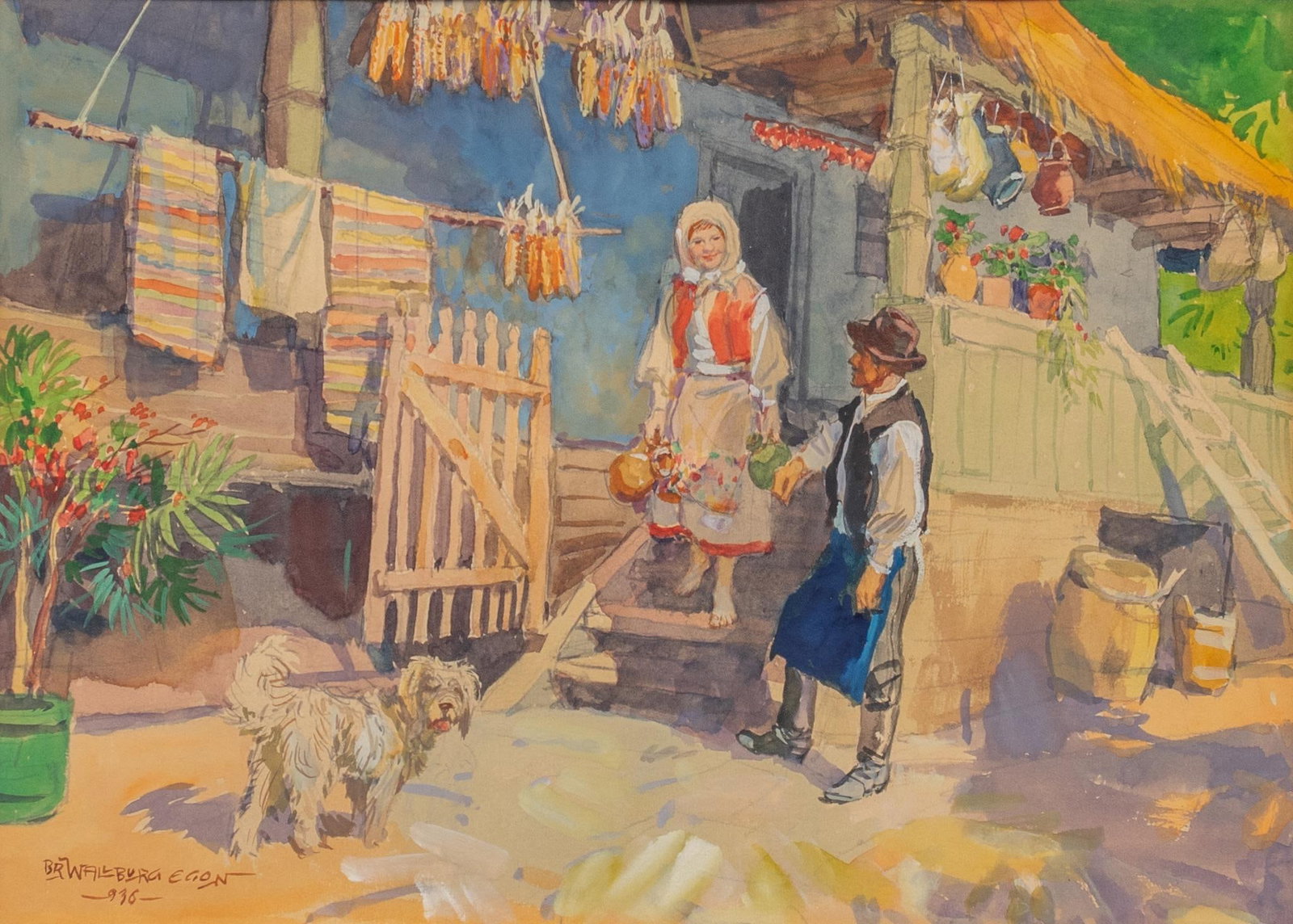 Egon Wallburg, Village Home, 1936: Egon Wallburg (Hungary, 1911-2004), scene of village home with dog, watercolor Provenance: Property from the estate of oil and cattleman Jim "Jimmy" Prue of Moore, Texas; proceeds from the sal