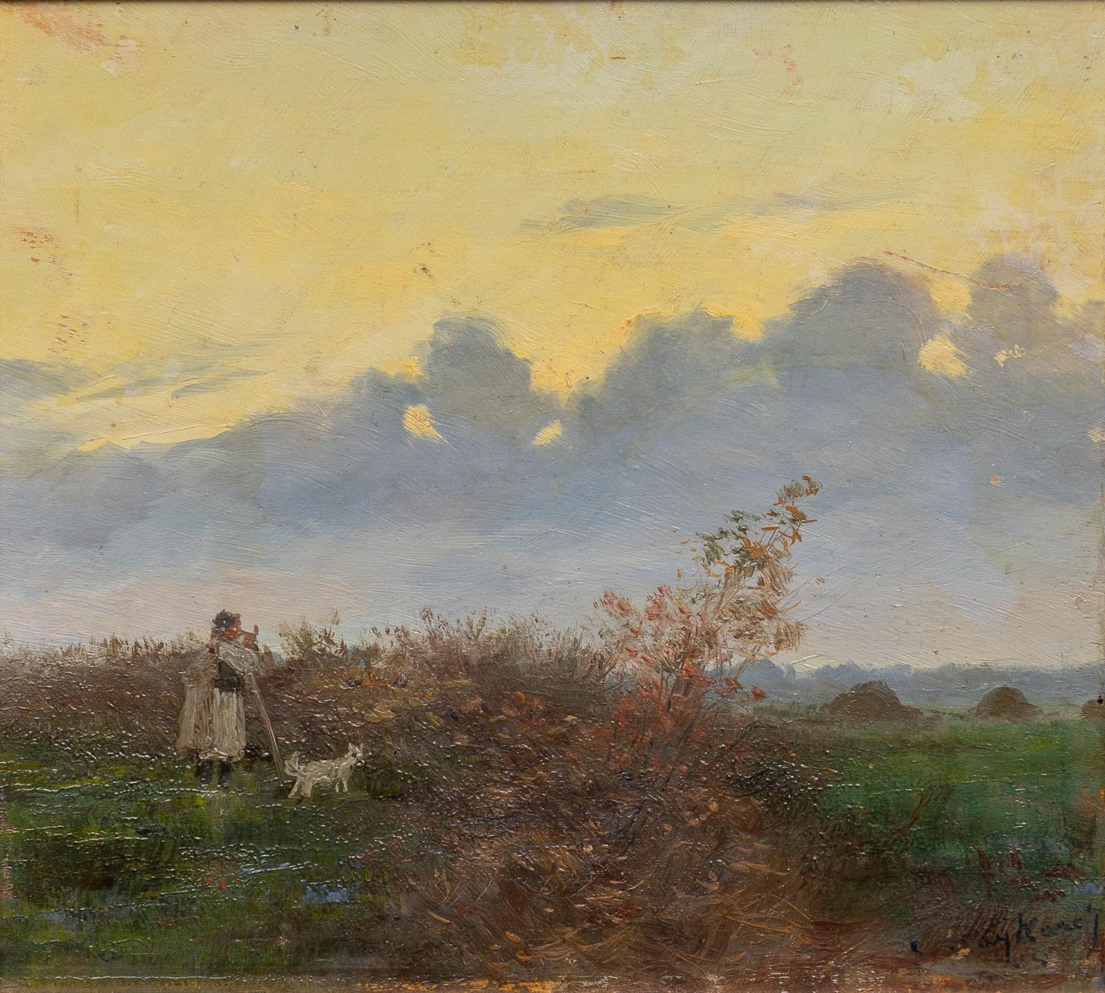 Szalay Karoly, Farmer and Dog: Szalay Karoly (Hungary, 1863-1936), farmer and dog survey the day's work, oil on wooden panel Provenance: Property from the estate of oil and cattleman Jim "Jimmy" Prue of Moore, Texas; pr