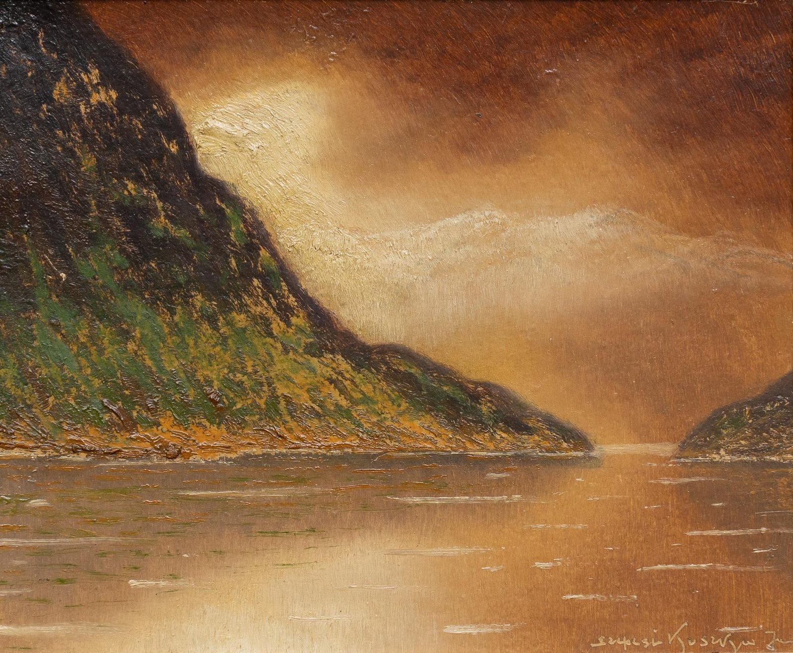 Jeno Szepesi-Kuszka, Lake with Hillside: Eugen Jeno Szepesi-Kuszka (Hungary, 1885-1948), view of lake with steep hillside, oil on canvas panel Provenance: Property from the estate of oil and cattleman Jim "Jimmy" Prue of Moore, Texas