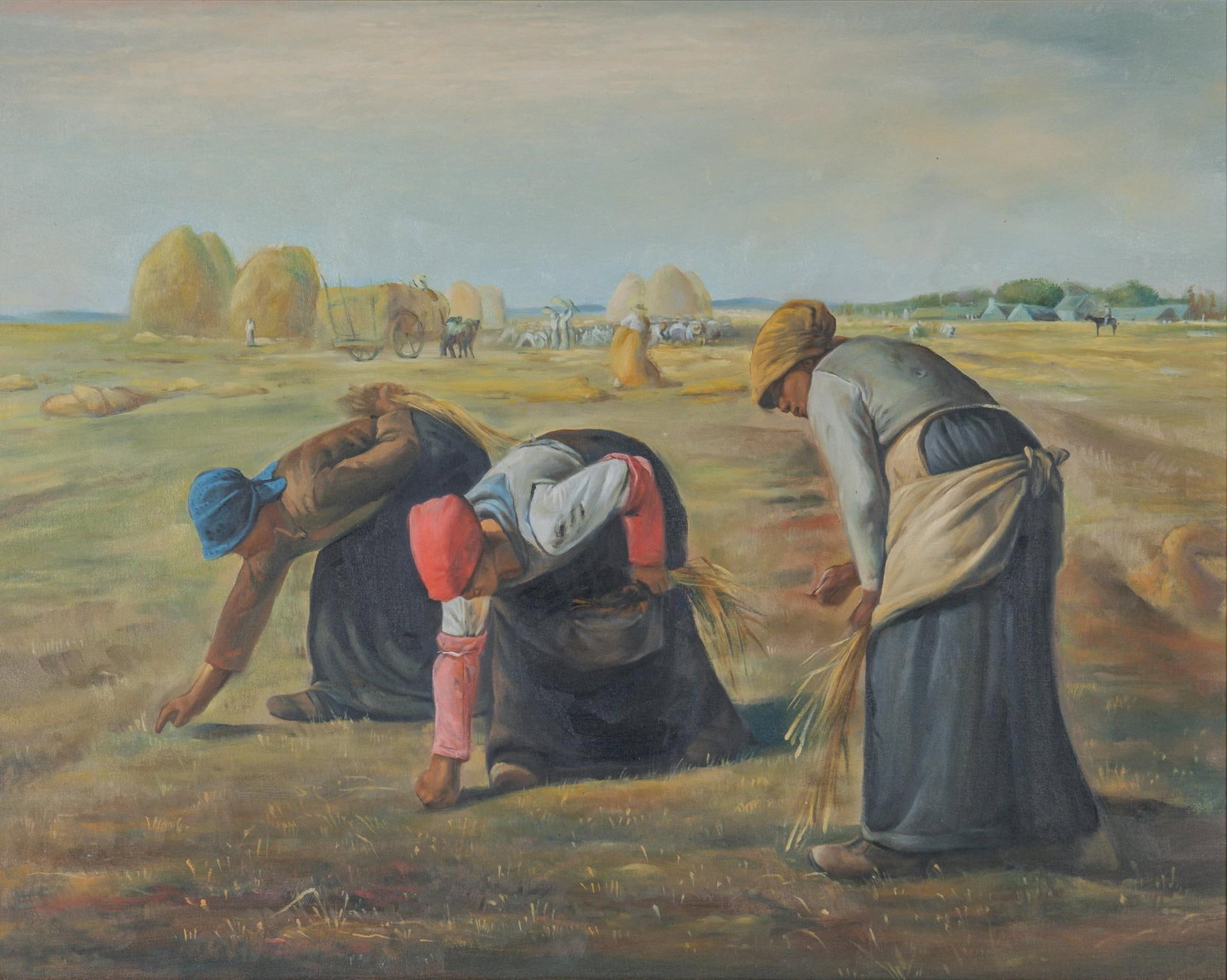 The Gleaners, Oil Painting Copy: The gleaners, oil painting copy after the 1857 original by Jean-Francois Millet, depicting peasant women gleaning the stray wheat stalks from a harvested field sight: 24 x 30 in., frame: 33 x 39 in. S