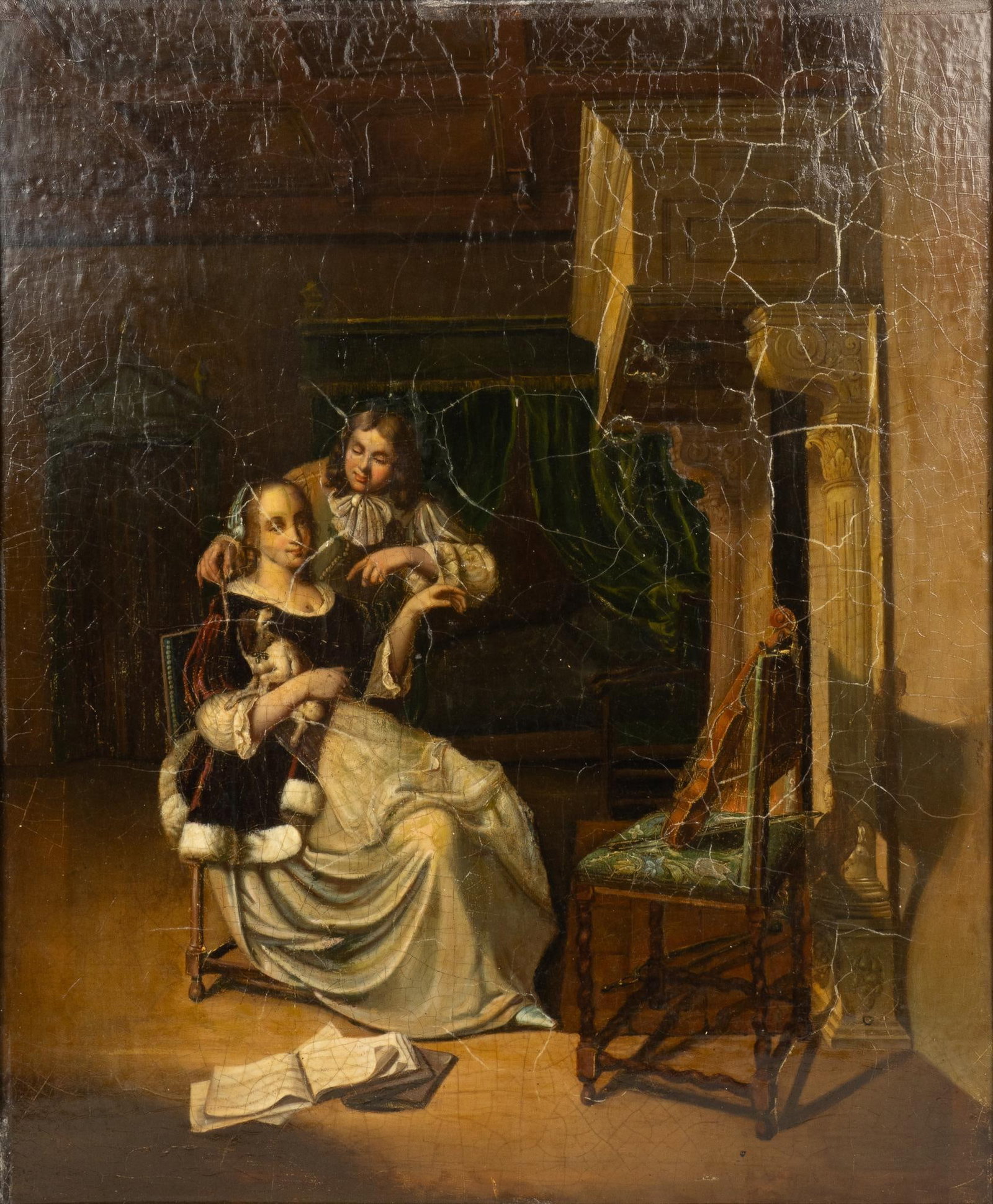 After Peter Cornelisz, "The Unmusical Little Dog": Dutch School, after Peter Cornelisz, "The Unmusical Little Dog", oil on sheet metal sight: 17 x 14 in., frame: 24 x 21 in. Provenance: The collection of a Dallas, Texas physician We happily pr