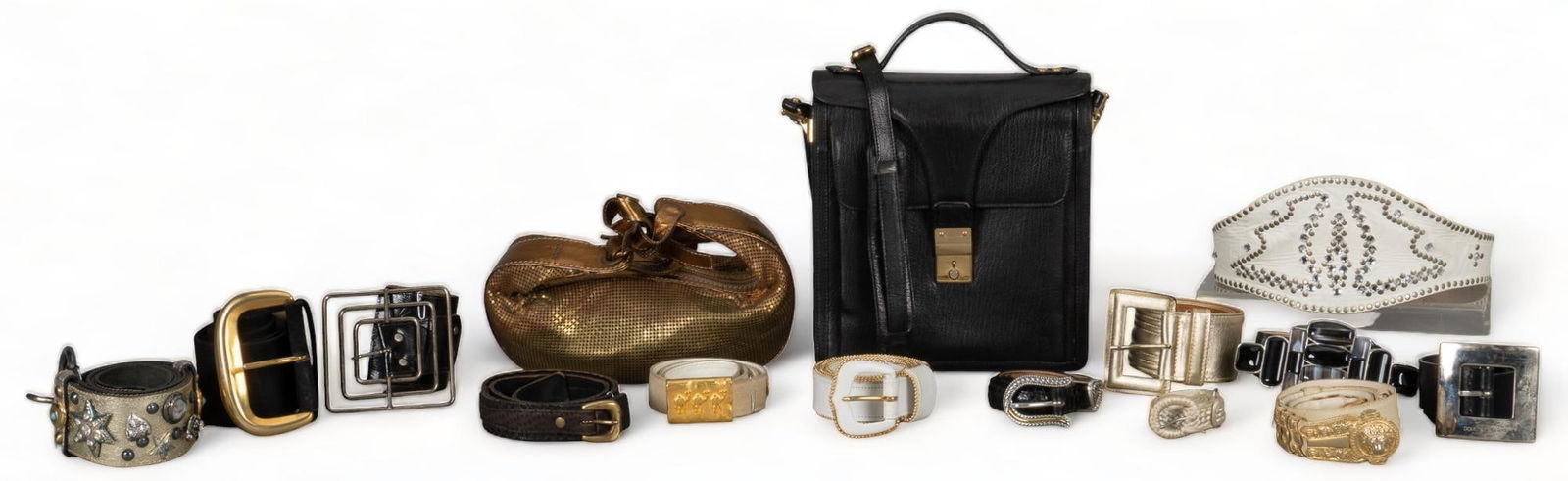 Collection of Designer Accessories: Collection of designer accessories, includes: - Bally shoulder bag of black leather with gold hardware - Chloe hand bag of gold toned leather and sequins - Neiman Marcus gold toned wide belt - Saks Fi