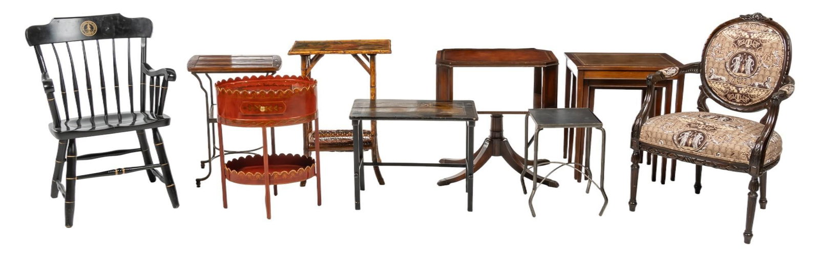(9) Pieces of Furniture: Collection of chairs and side tables, includes various styles, and ages height 35 in. x width 23.5 in. x depth 22 in. / largest Shipping available for this lot through our partner 4CL; please request 