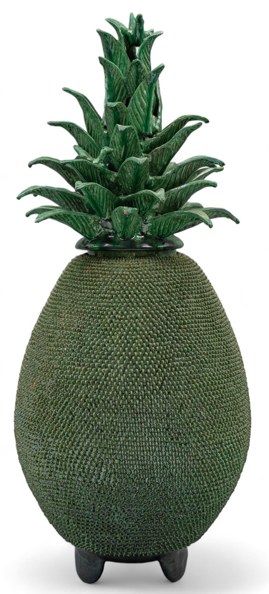 Greenware Pina Con Picos Finos: Greenware pina con picos finos, molded and modeled clay, featuring fine peak applique, copper oxide glaze, with removable top height 40 in. x width 16 in. x depth 16 in. Shipping available for this