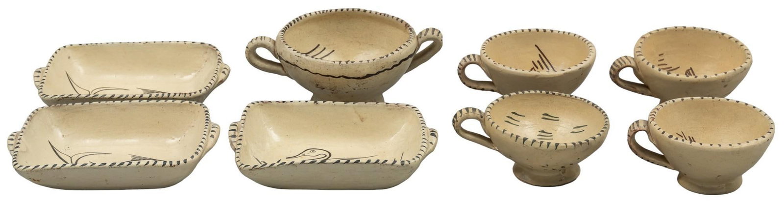 Set of (8) Tzintzuntzan Linework Pottery: Set of eight Tzintzuntzan linework pottery includes two Manuel Morales bowls, two Tzintzuntzan linework bowls marked on base, three casseroles in the style of Morales but not signed height 3 in. x wid