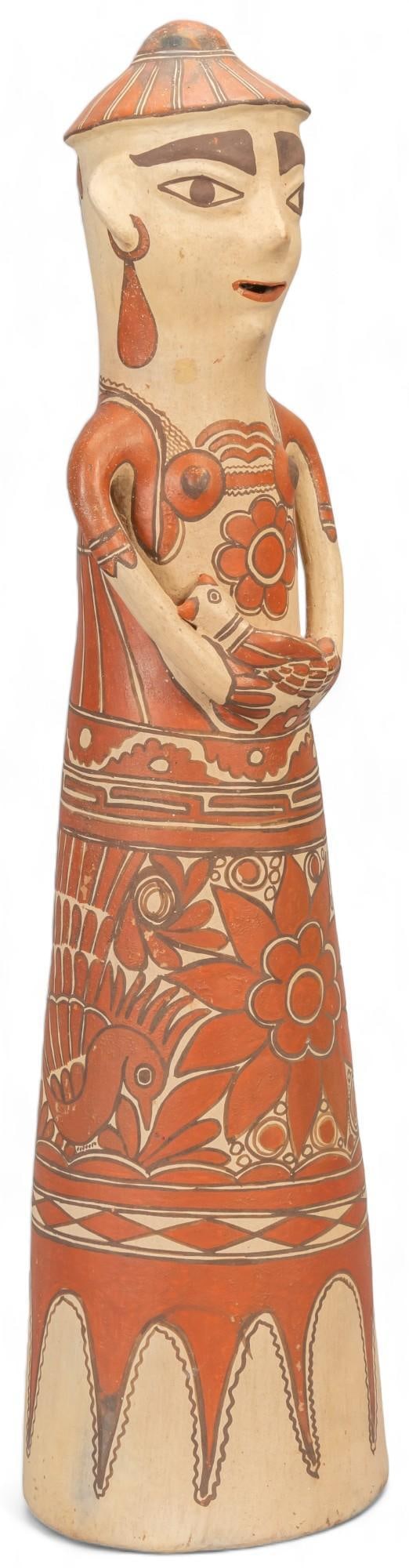 Guerrero Reyna Figure: Guerrero Reyna (warrior queen) figure with red and tan polychome painted details height 25 in. x width 6 in. x depth 6 in. Shipping available for this lot through our partner 4CL; please request a shi