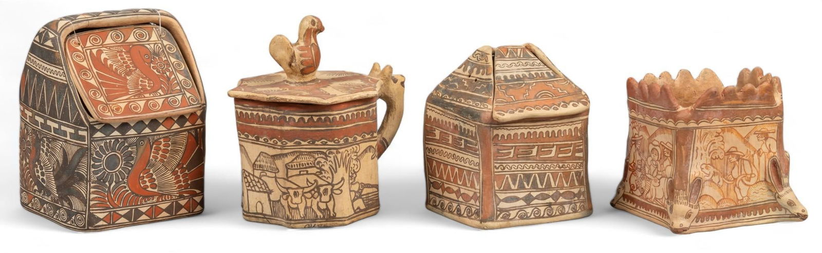 Set of (4) Guerrero Ceramic Boxes: Set of four Guerrero ceramic boxes, with hand painted motifs, featuring three signed by Carme Camilo Ayala height 7.5 in. x width 5.5 in. x depth 5.5 in. / largest Shipping available for this lot