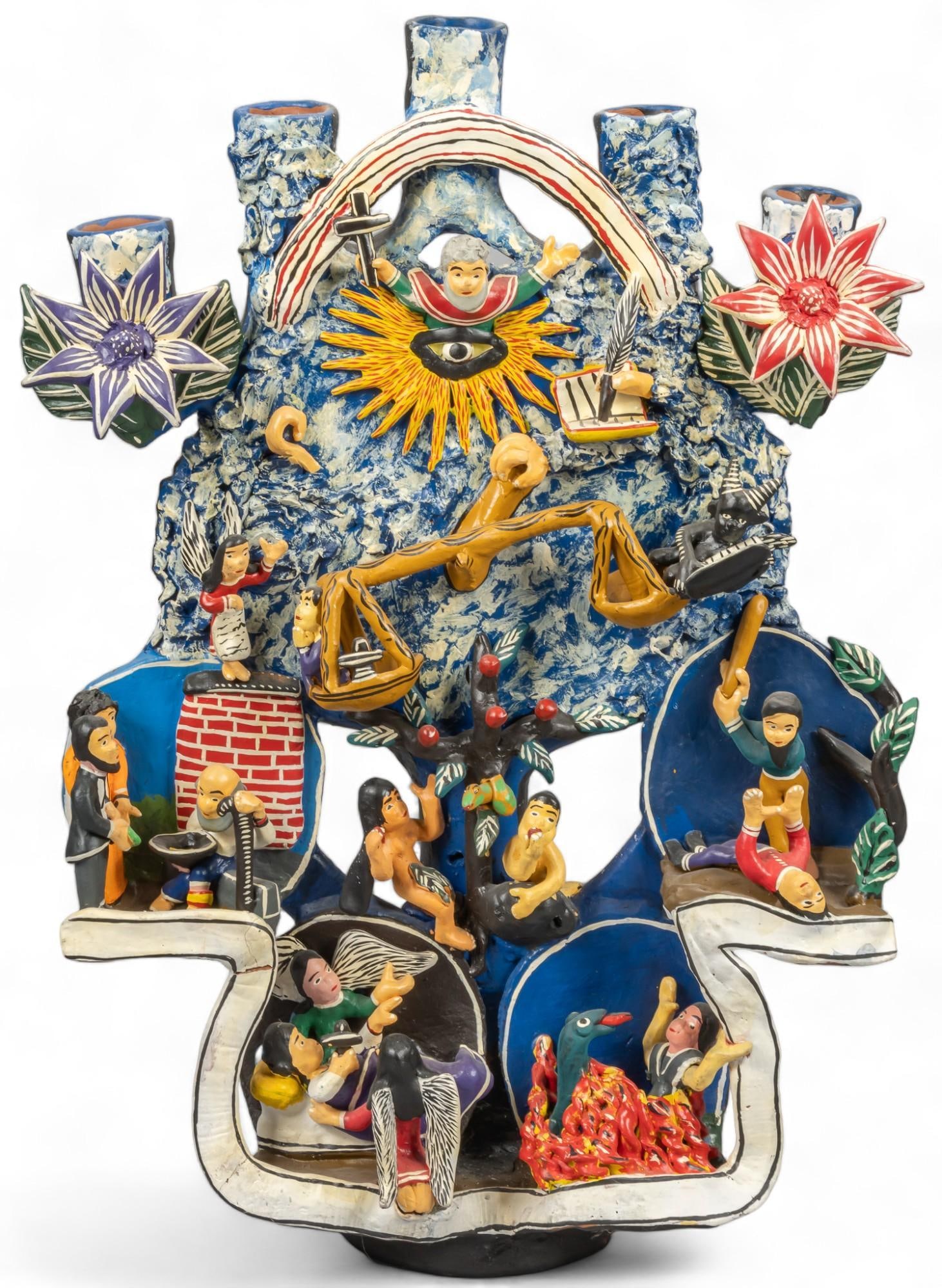 Adam and Eve Scales Tree of Life: Adam and Eve scales tree of life, molded and painted ceramic with many figurines, central scale motif with an eye and Christ figure above, tree depicts several scenes showcasing good and bad acts on e