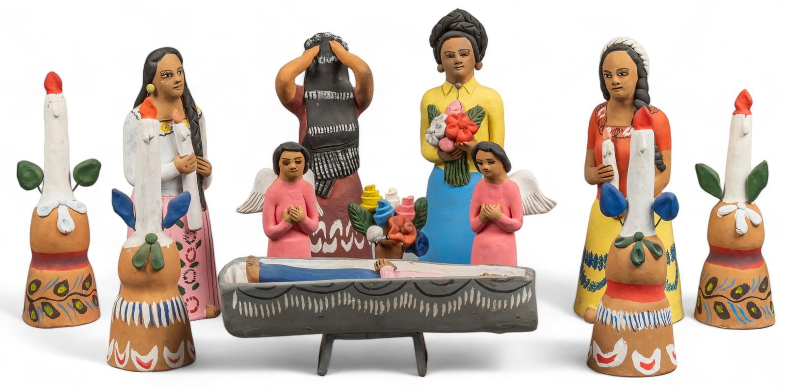 Irene Aguilar, Burial Scene: Irene Aguilar (OcotlÃ¡n de Morelos, Oaxaca), burial scene, molded, modeled, and painted clay, signed on woman with yellow skirt height 11 in. x width 4.25 in. x depth 4.5 in. Condition: Head of on