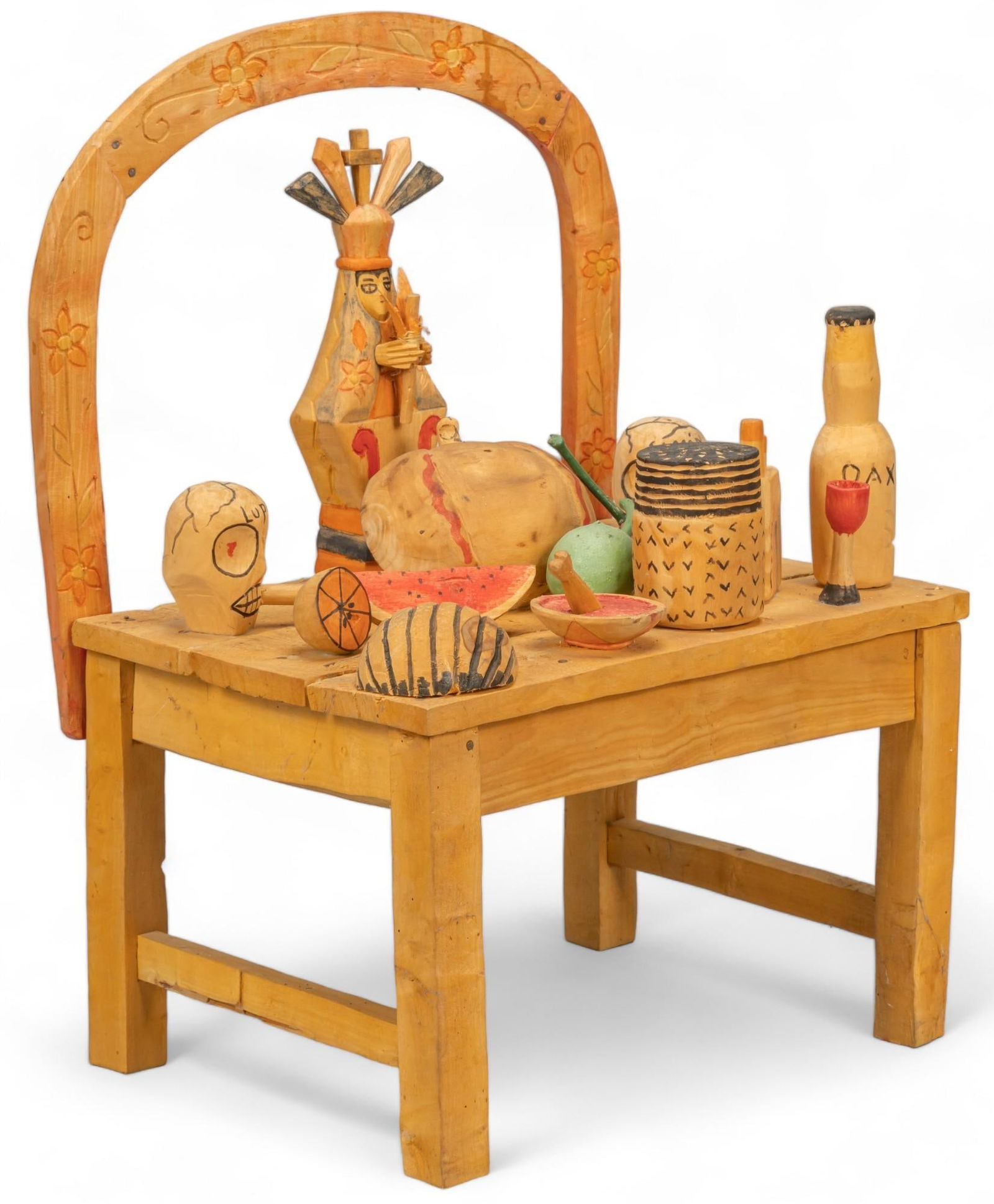 Jaime Santiago Morales, Miniature Altar: Jaime Santiago Morales (Pueblo of La UniÃ³n Tejalapam, Oaxaca), Day of the Dead altar scene, carved wood, painted with aniline dye, not signed height 14.5 in. x width 11 in. x depth 8 in. Shippin