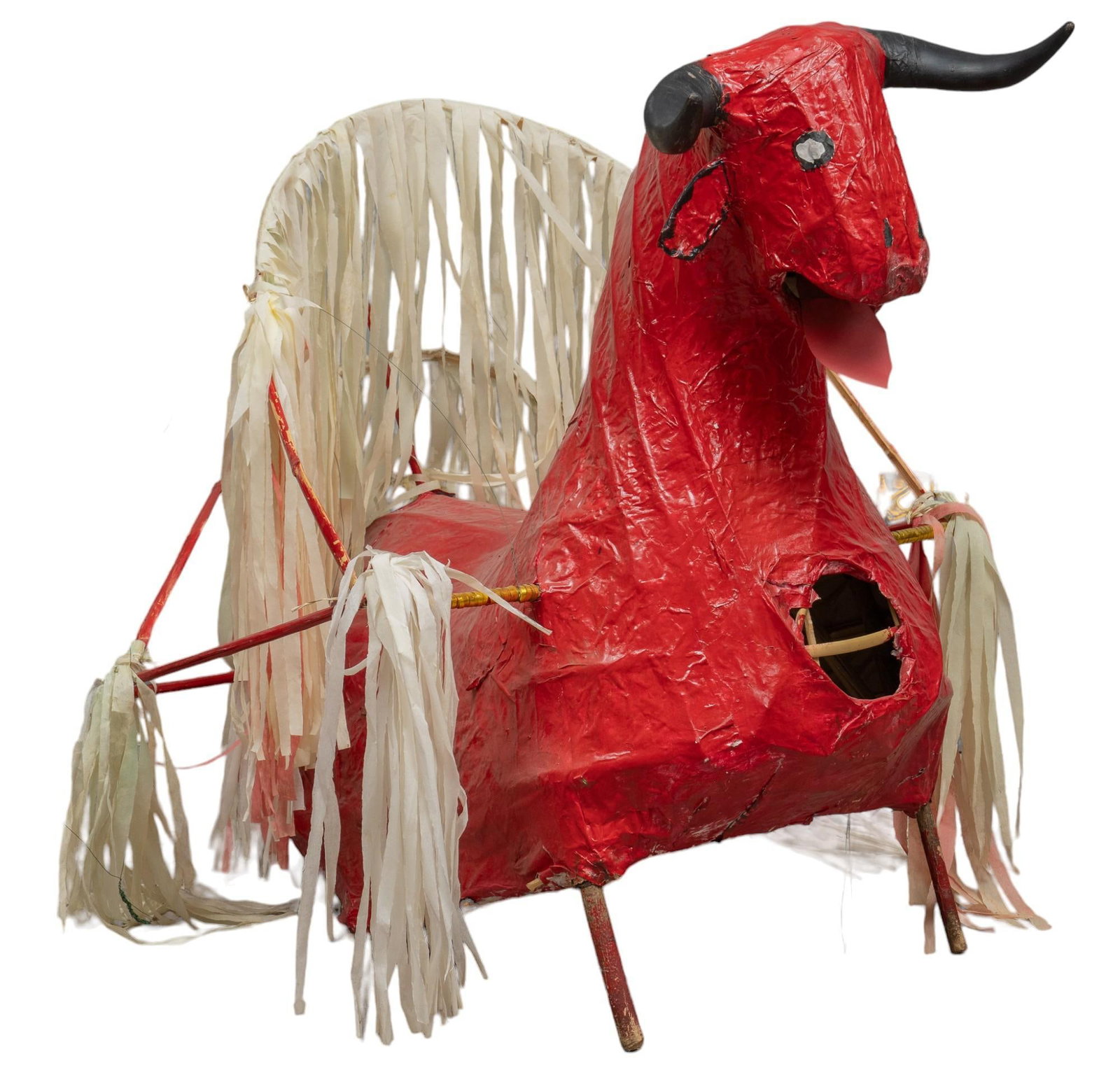 Mexican Folk Art Red Bull Pinata: Mexican papier-mache pinata, featuring bull motif, with red and black paint height 36 in. x width 30 in. x depth 32 in. Shipping available for this lot through our partner 4CL; please request a shippi