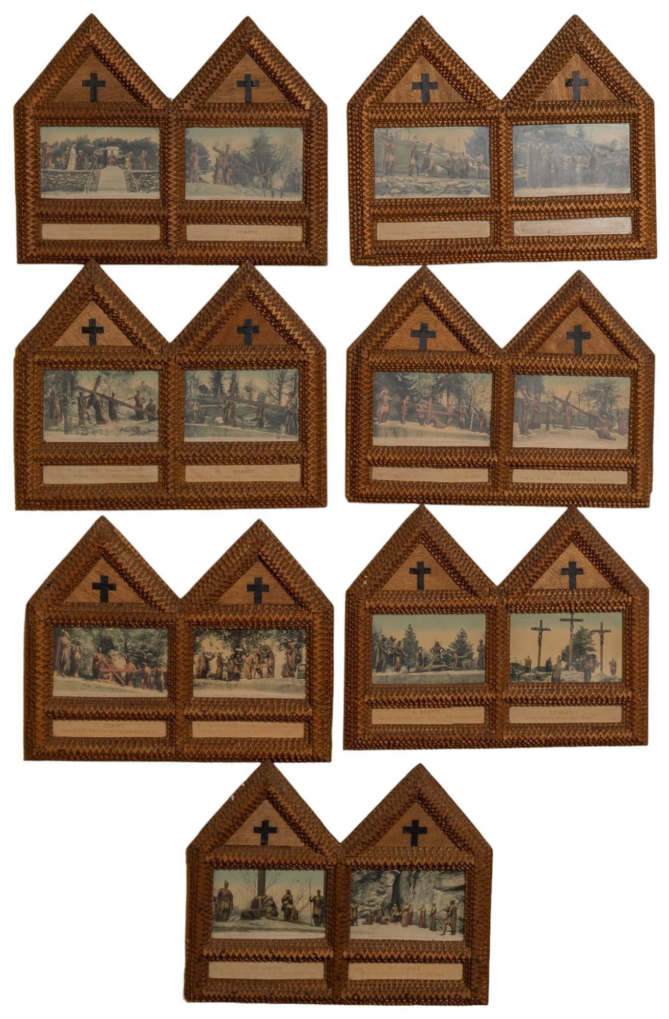 (14) Piece Station of the Cross: Collection of seven carved wooden frames featuring pair of printed images depicting the stations of the cross, for a total of fourteen pieces, with accompanying inscribed metal plaque height 11 in.