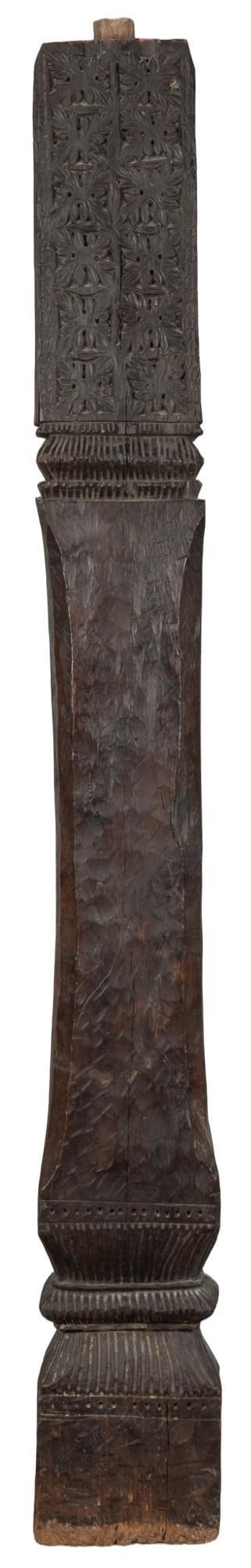 Carved Wooden Pillar: Large wooden pillar, with incised details, likely having crown or pedestal accent at one point height 85 in. x width 10.5 in. x depth 8 in. Shipping available for this lot through our partner 4CL; ple