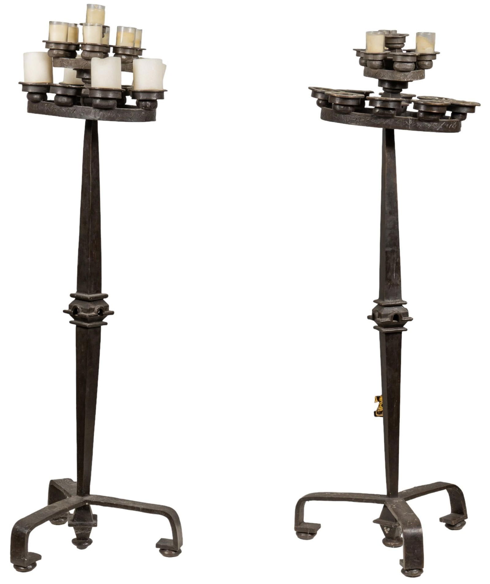 Michael Tracy Pair of Candlesticks: Michael Tracy (b.1943) pair of candle sticks, metal posts with fourteen candle holders, graffiti-like patterns along object height 58.5 in. x width 18 in. x depth 18 in. Shipping available for this