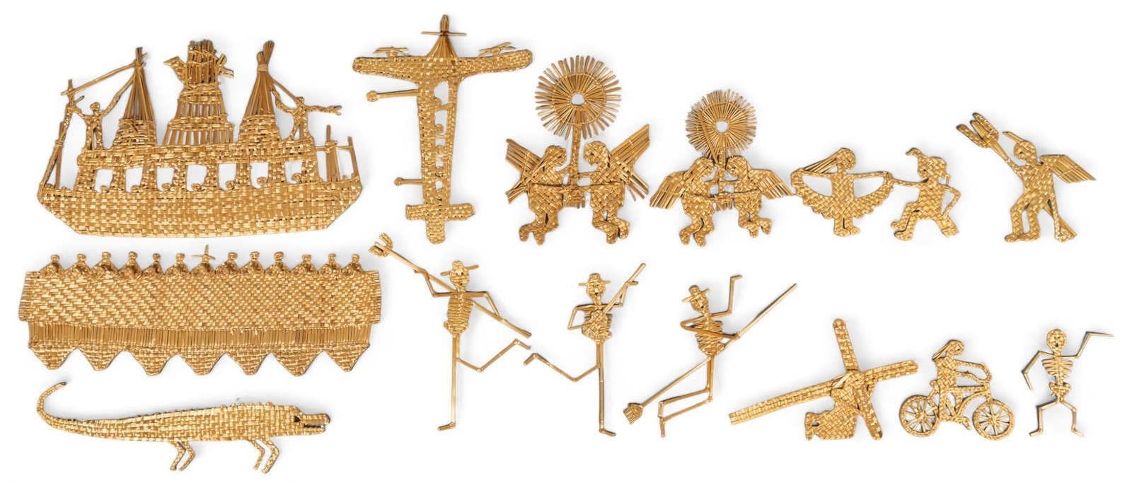 Set of (14) Straw Wall Decorations: Set of fourteen vegetal straw wall decorations, woven straw decorations including skeletons, boats, planes, and animals, in the style of Juliana Reyes Marcelino height 10 in. x width 16 in. Shipping a