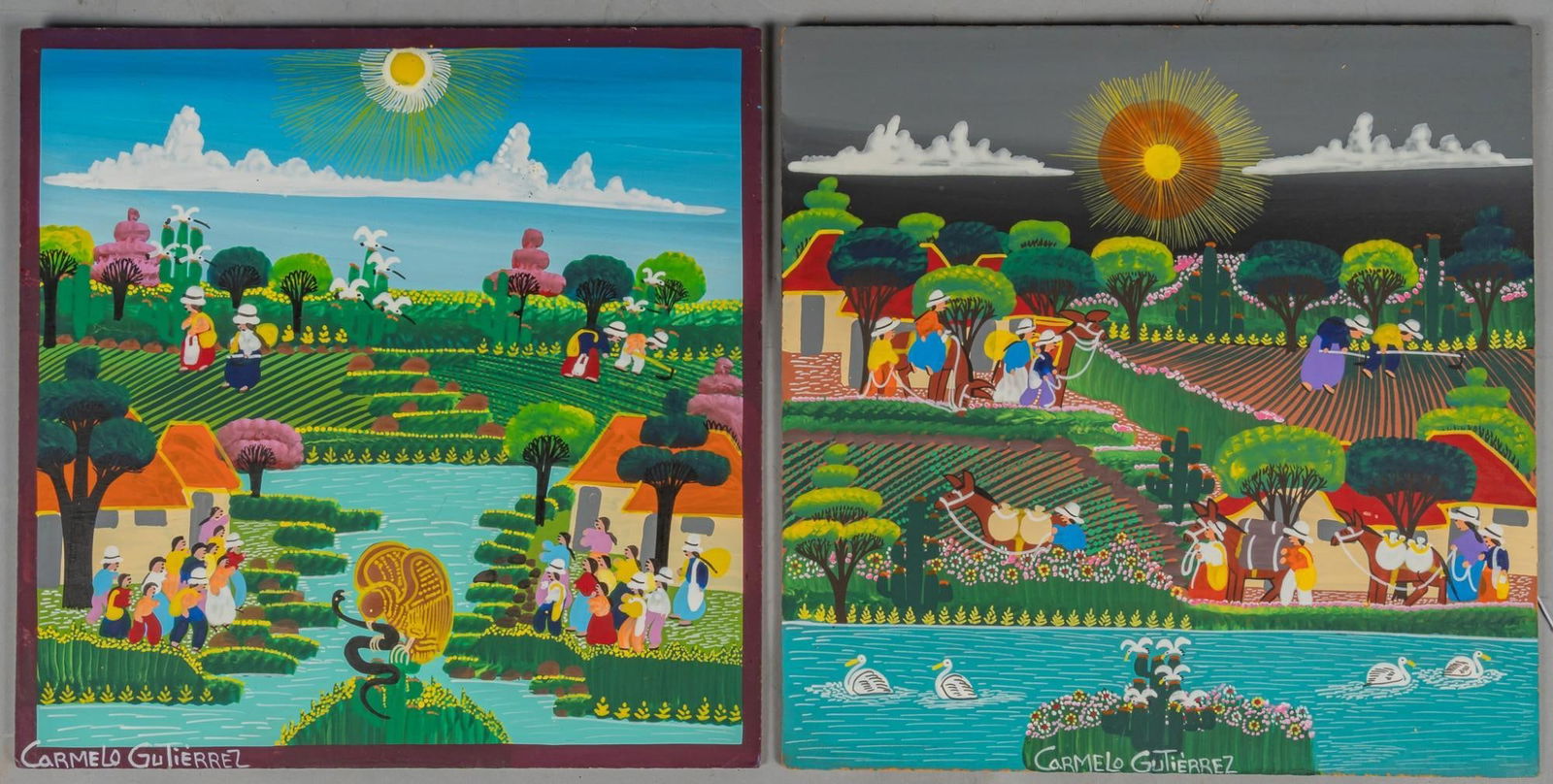 Carmelo Gutierrez, (2) Folk Paintings: Carmelo Gutierrez, (2) folk paintings, oil on masonite, not framed size: 12 x 12 in. Shipping available for this lot through our partner 4CL; please request a shipping quote at shipping@vogtauct