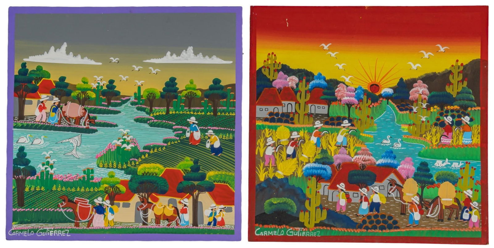 Carmelo Gutierrez, (2) Folk Paintings: Carmelo Gutierrez, (2) folk paintings, oil on masonite, not framed size: 12 x 12 in. Shipping available for this lot through our partner 4CL; please request a shipping quote at shipping@vogtauct