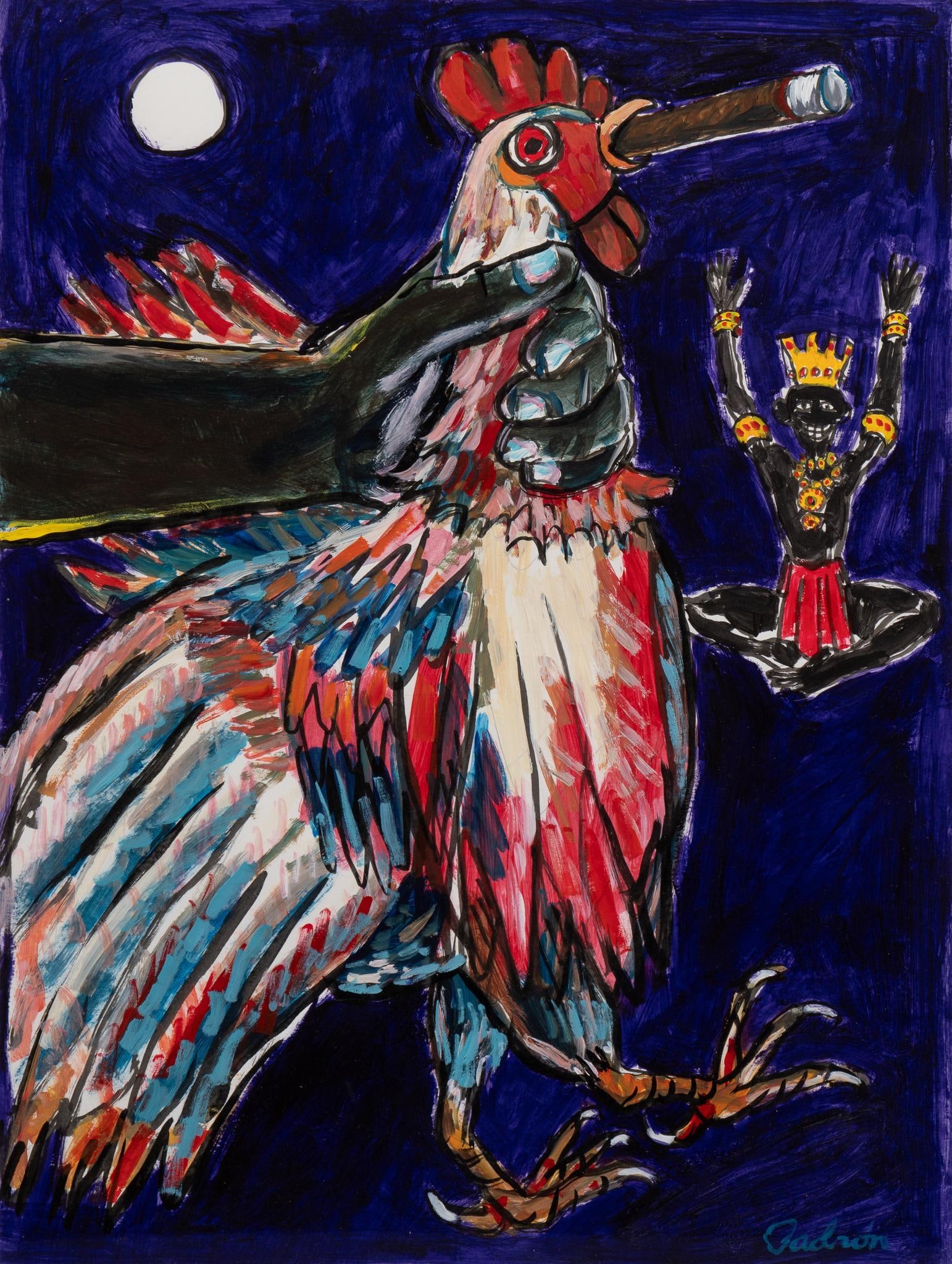 Felix Padron, Rooster and Cigar: Felix Padron (Cuba / San Antonio, Texas), rooster and cigar, mixed media painting sight: 23.5 in. x 17 in., frame: 34 in. x 27 in. Shipping available for this lot through our partner 4CL; please reque