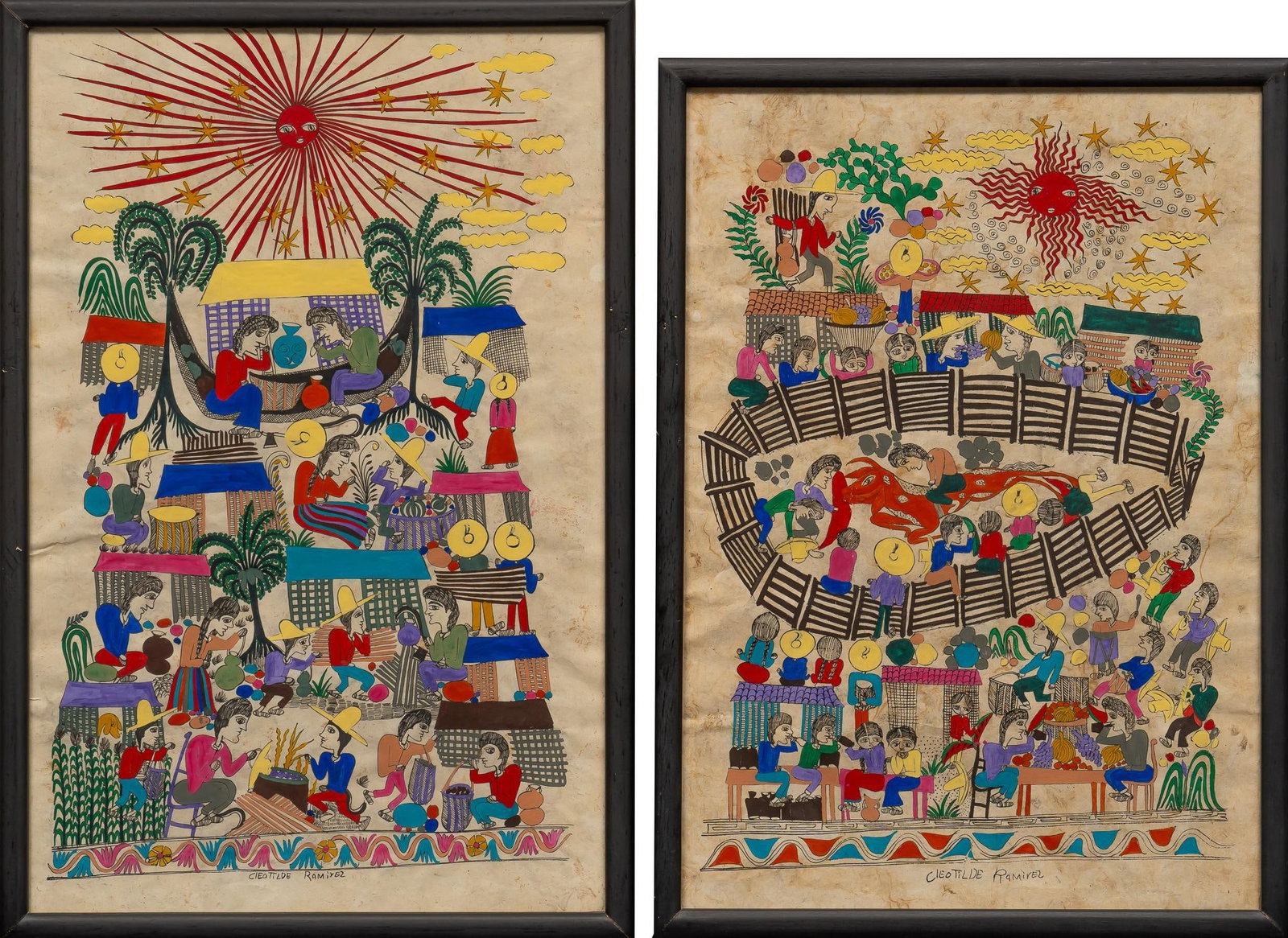 Cleotilde Gutierrez, (2) Papel Amate Paintings: Cleotilde Gutierrez, pair of papel amate paintings sight: 23 in. x 17 in. Shipping available for this lot through our partner 4CL; please request a shipping quote at shipping@vogtauction.com or 21