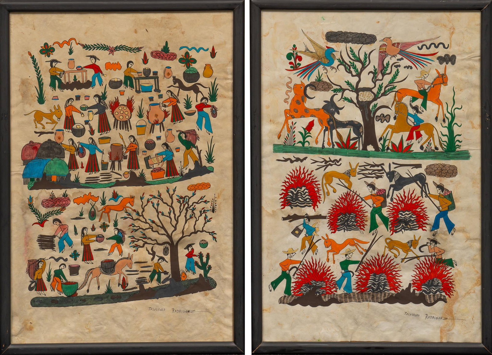 Telesforo Rodriguez, (2) Papel Amate Paintings: Telesforo Rodriguez, (2) papel amate paintings, both signed sight: 24.5 in. x 16.5 in. / each Condition: some water damage Shipping available for this lot through our partner 4CL; please request a shi
