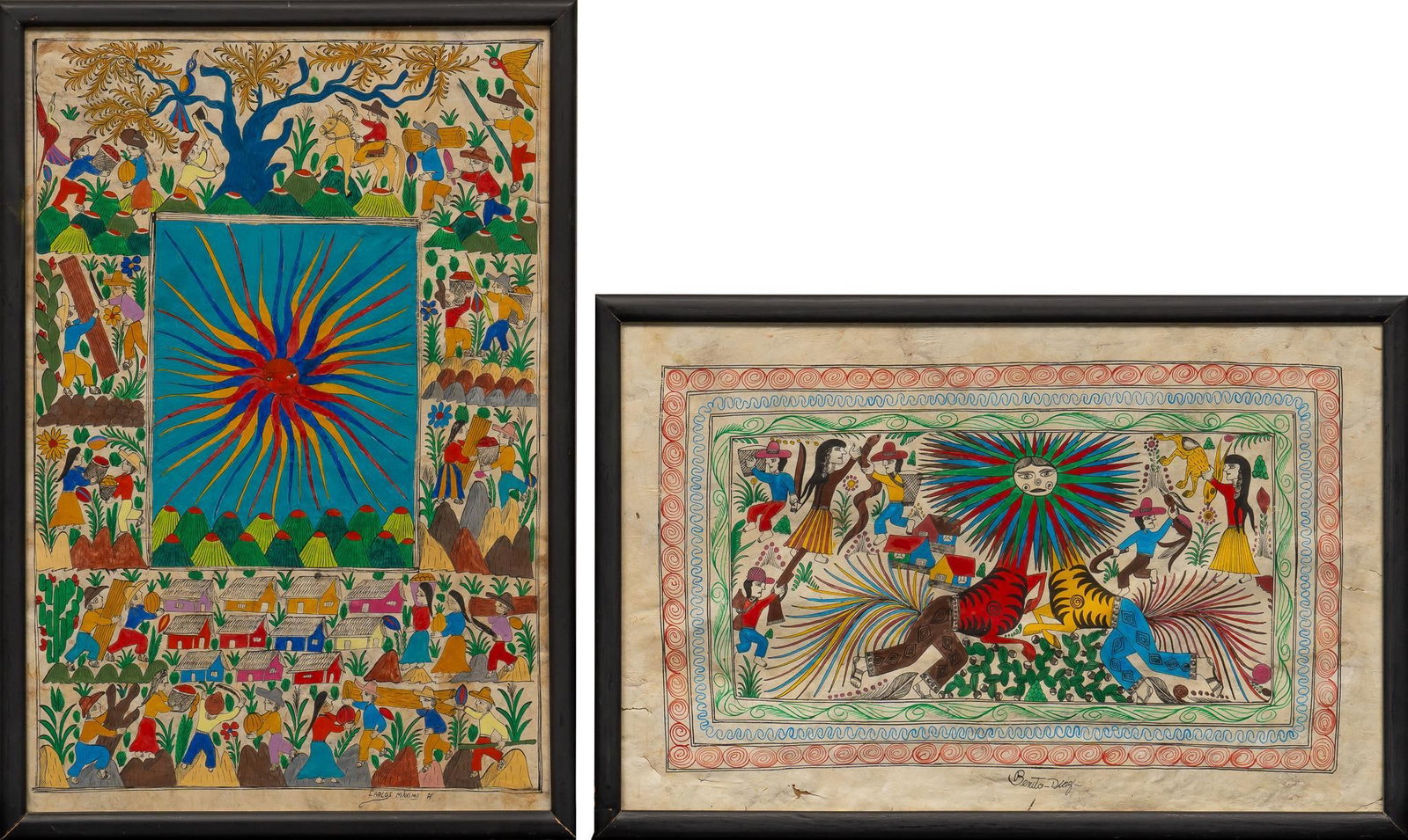 (2) Papel Amate Paintings: (2) Papel amate paintings by Carlos Maximo and Francisco Garcia sight: 25 in. x 17 in. Shipping available for this lot through our partner 4CL; please request a shipping quote at shipping@vogtauct