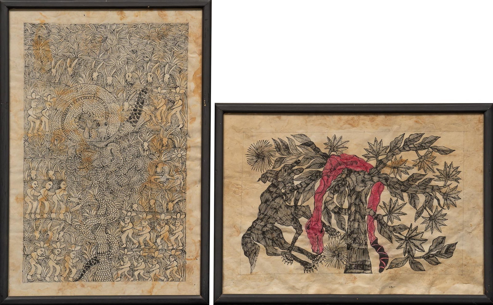 (2) Papel Amate Paintings: (2) Papel amate paintings sight: 21 in. x 13 in., frame: 25 in. x 17 in. Shipping available for this lot through our partner 4CL; please request a shipping quote at shipping@vogtauction.com or 210