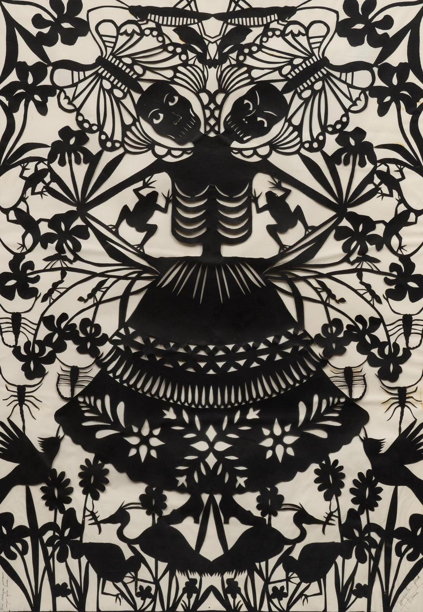 Margarita Frick, "Dos cabezas piensan mejor que una": Margarita Frick (Queretaro, Mexico, 20th-21st C.), "Dos cabezas piensan mejor que una", 2002, papel picado , some discoloration on glue sight: 39 in. x 27 in. Shipping available for this lot t