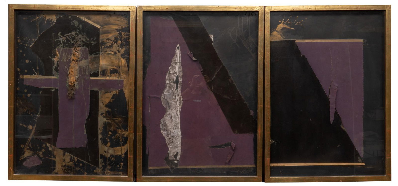 Michael Tracy, (3) Abstract Compositions: Michael Tracy (Texas, b. 1943), (2) abstract mixed media compositions, purple and gold paper, acrylic, natural fibers, both appear not signed sight: 38 in. x 26.5 in., frame: 41 in. x 29 in. Shippin