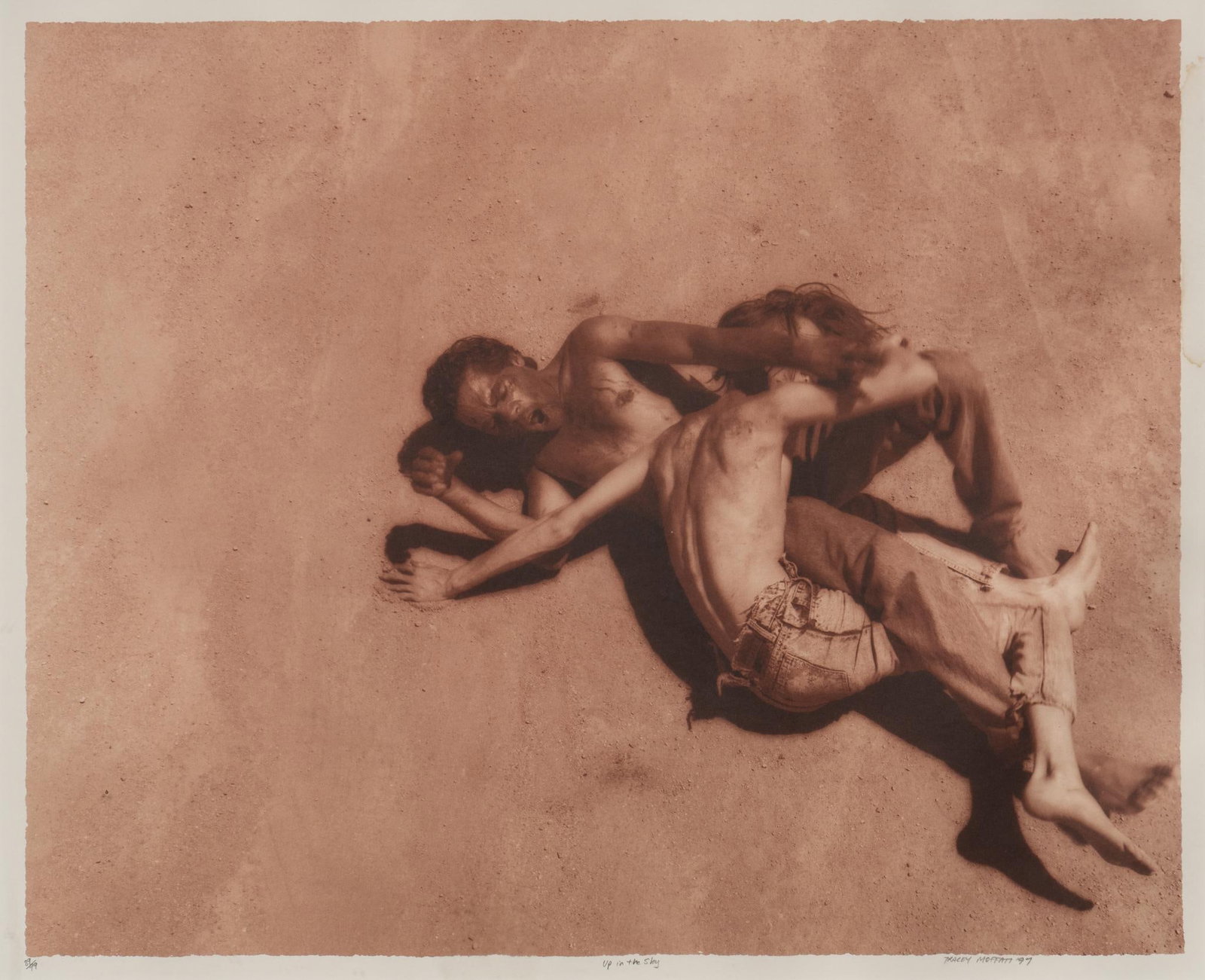 Tracey Moffatt, "Two Wrestlers", 1997: Tracey Moffatt, "Two Wrestlers" from the series "Up in the Sky", 1997, offset photo lithograph, ed. 89/99 sight: 17.5 in. x 21.5 in., frame: 25 in. x 28.5 in. Shipping available for