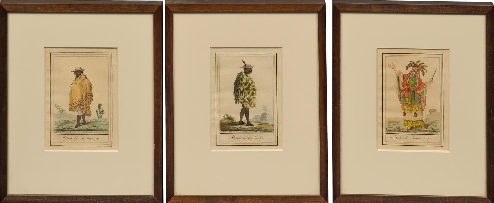 18th c. Anthropology: (3) Hand-Colored Engravings: (2) Anthropolgoical Mexican tribal studies, hand-colored engravings (drawings by Jacques Grasset de Saint-Sauveur and engraved by J. Laroque in 1796), from Saint-Saveur's encyclopedia of travels, 