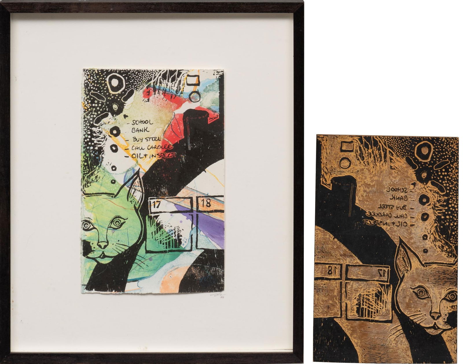 Cat Woodblock Print with Block, 1999 (1 of 7)